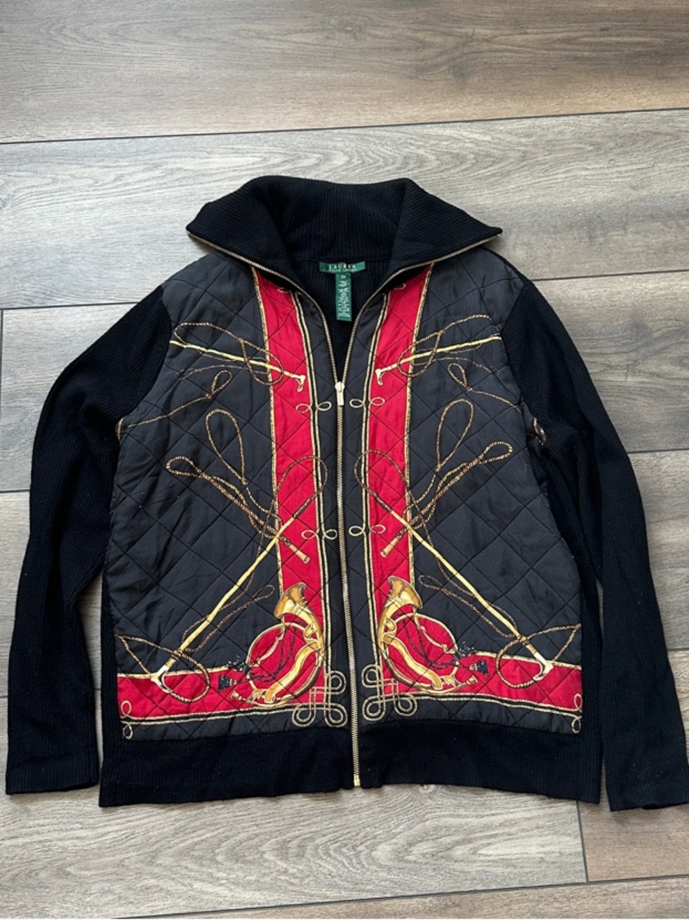 Black Quilted Zip Holiday Sweater Jacket with Red & Gold Equestrian Print